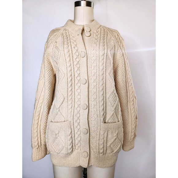 Chunky Cable Hand Knitted WOOL Sweater Cardigan w/Pockets Fisherman Ireland XS S - Picture 3 of 10